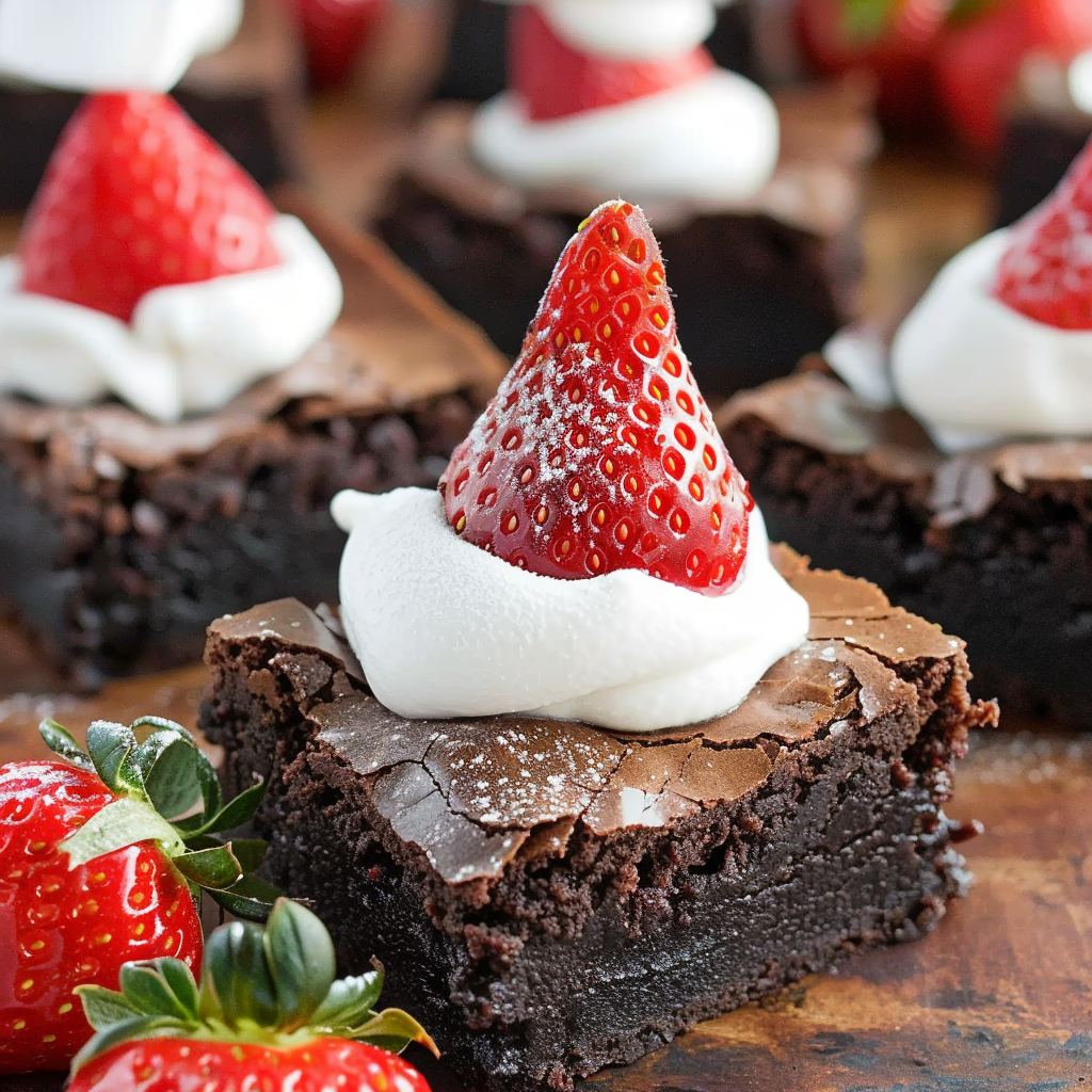 Close-up of Santa Hat Brownies with strawberries