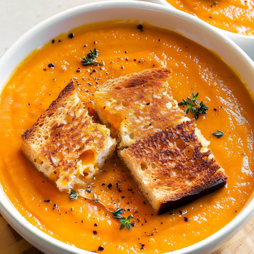 Spicy Pumpkin Soup with Grilled Cheese Croutons