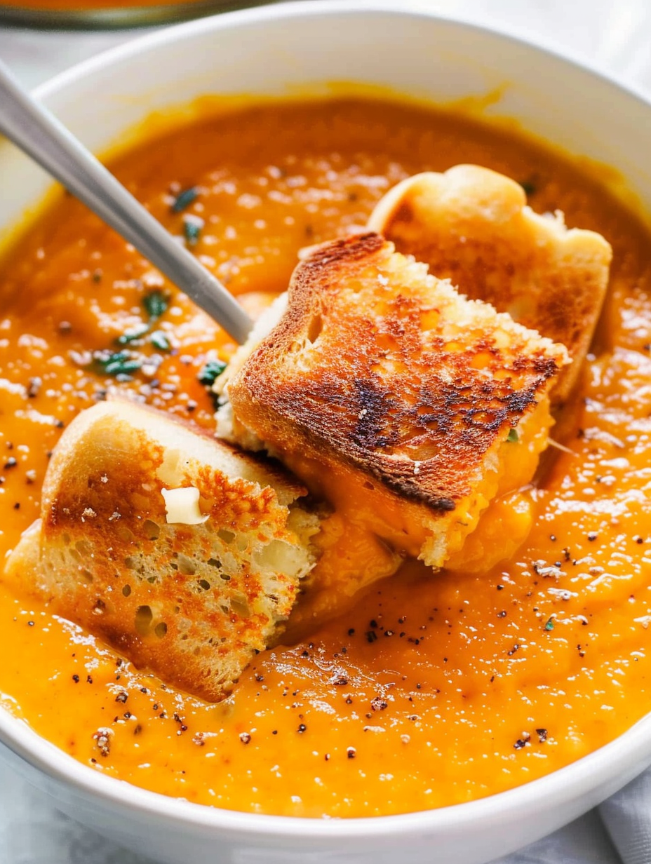 Autumn bowl of spicy pumpkin soup with grilled cheese croutons