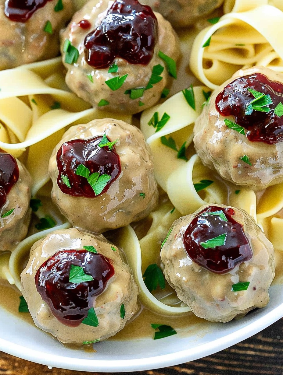 Plated Swedish meatballs with egg noodles and parsley