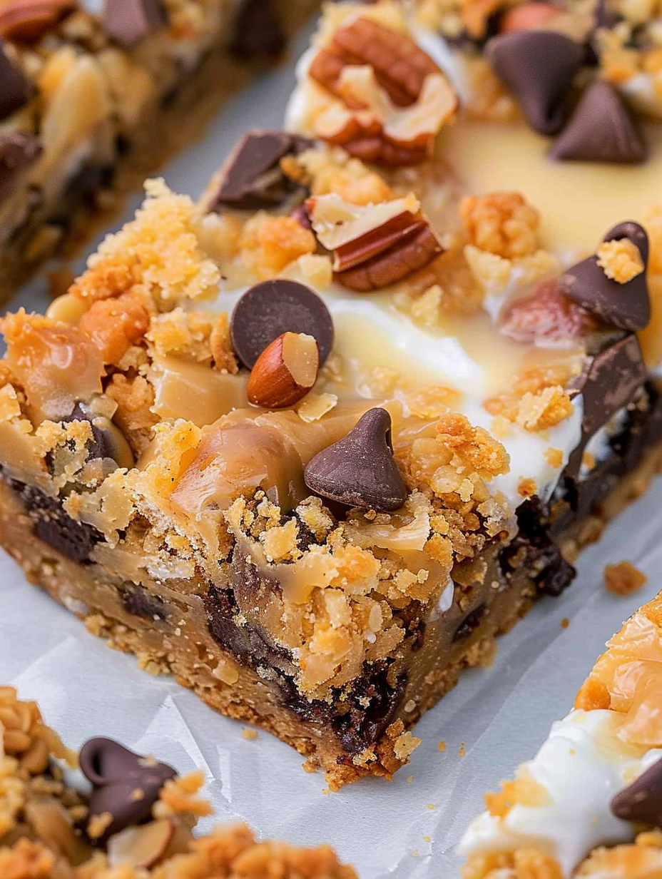 Close-up of layered chips and coconut on top of graham crust