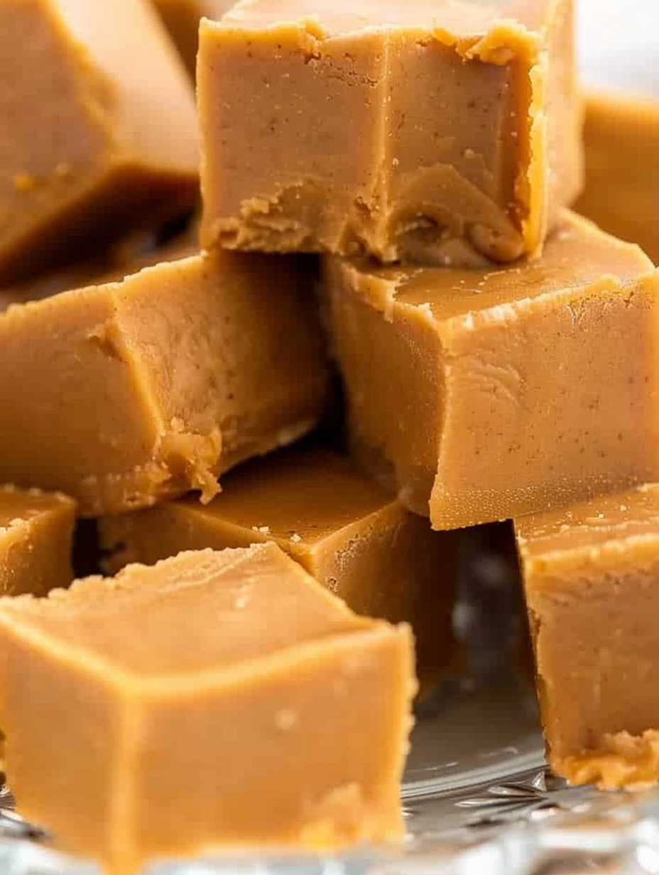 Fresh peanut butter fudge in a glass pan