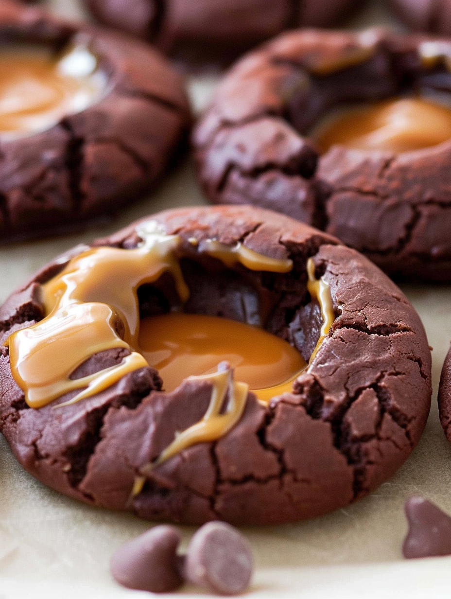 Chocolate Caramel Thumbprint Cookies on a baking sheet