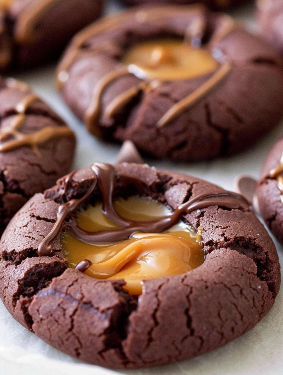 Close-up of caramel-filled thumbprint cookie with chocolate drizzle