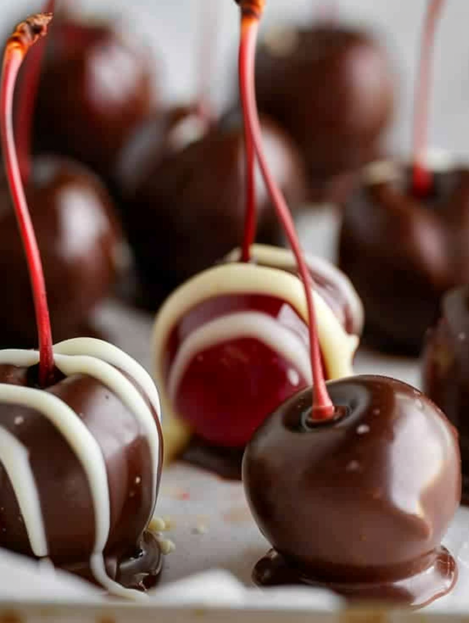 Close-up of a chocolate dipped cherry with white chocolate drizzle