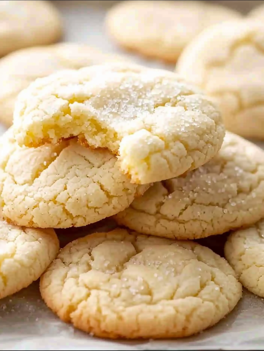 Freshly baked chewy sugar cookies on parchment