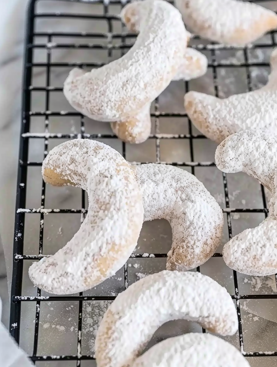 Fresh almond crescent cookies on parchment