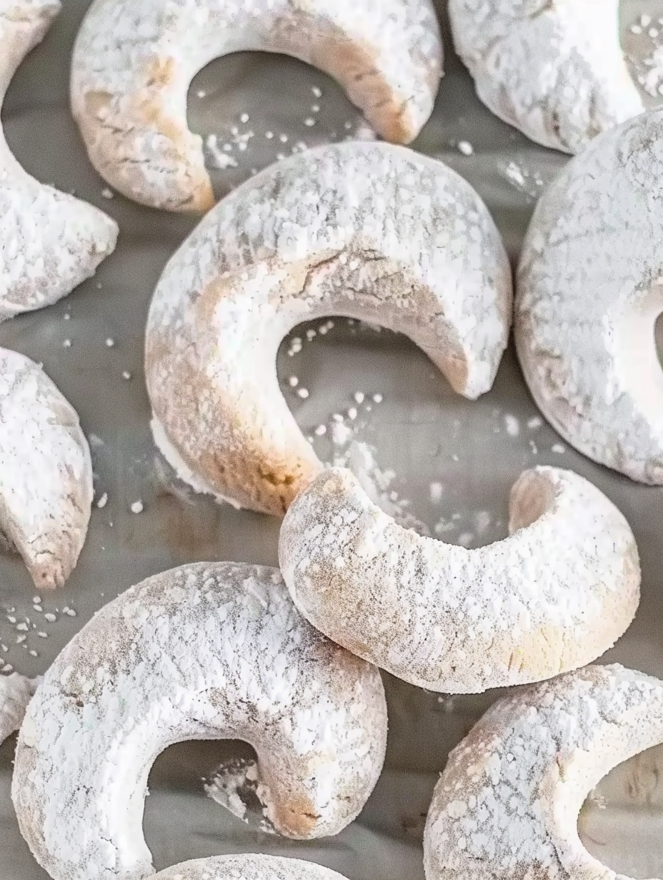 Close up of a crescent cookie dusted with powdered sugar