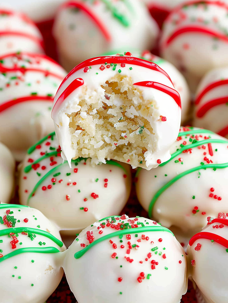Christmas tree cake truffles on parchment with sprinkles
