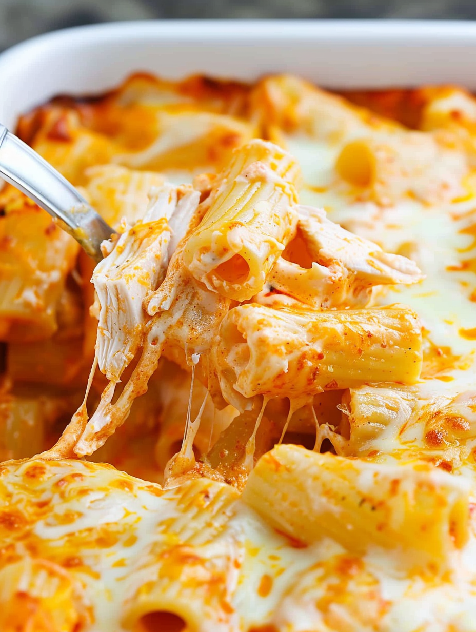 Creamy Buffalo Chicken Pasta in baking dish
