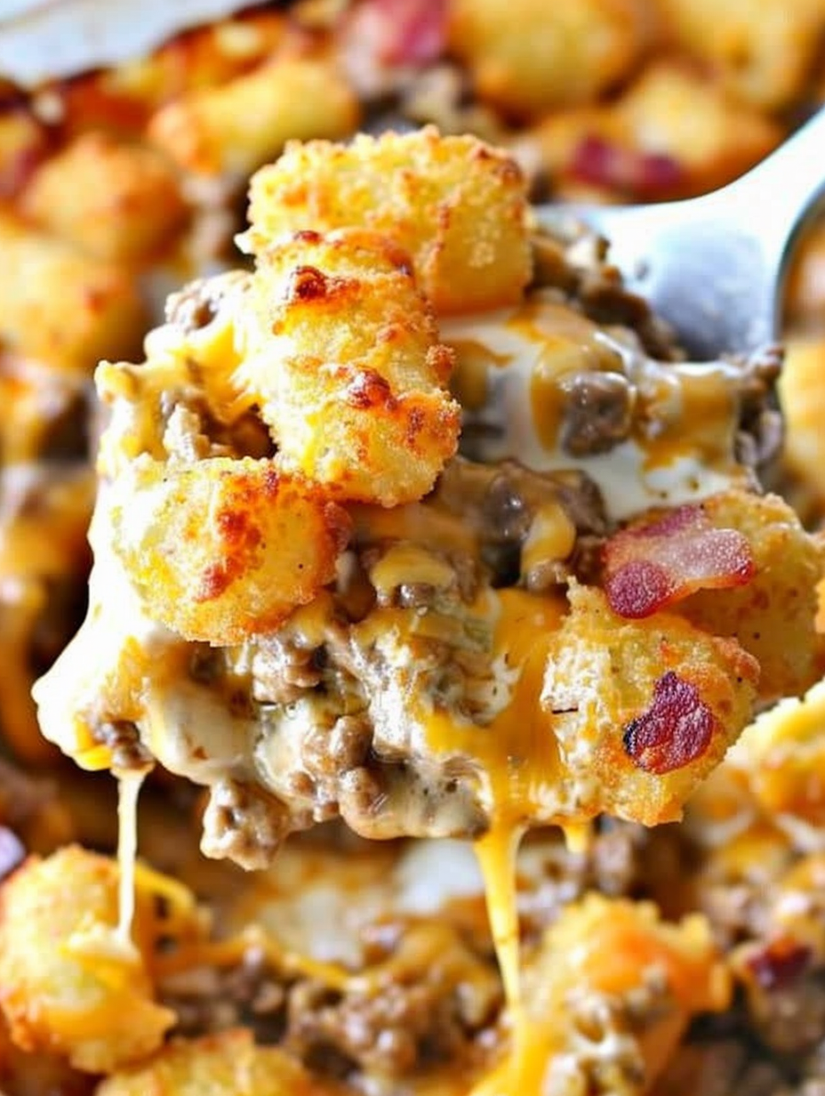 Close up of tater tot crust and melted cheese