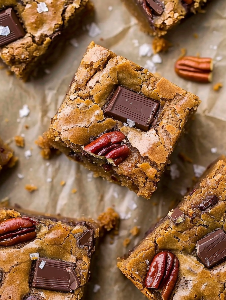 Served blondie square with toasted pecans and chocolate