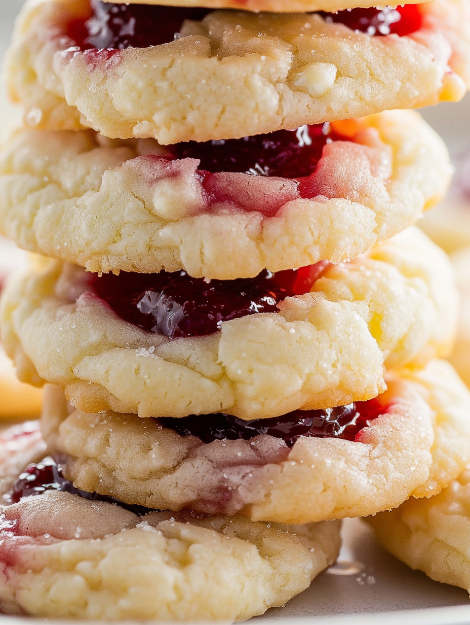 Tray of raspberry cheesecake thumbprint cookies fresh from the oven