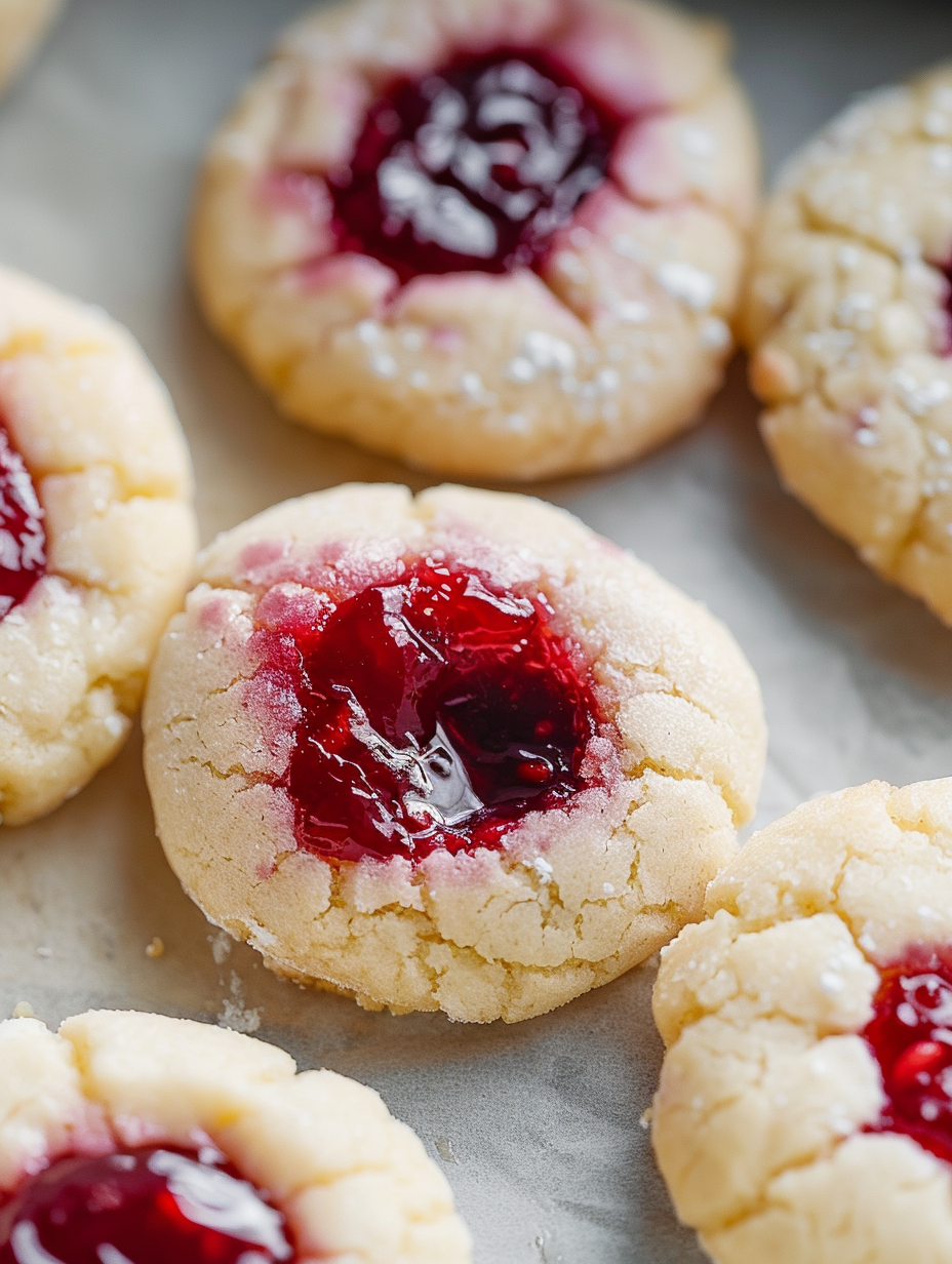 Close up of a thumbprint cookie with glossy raspberry jam filling