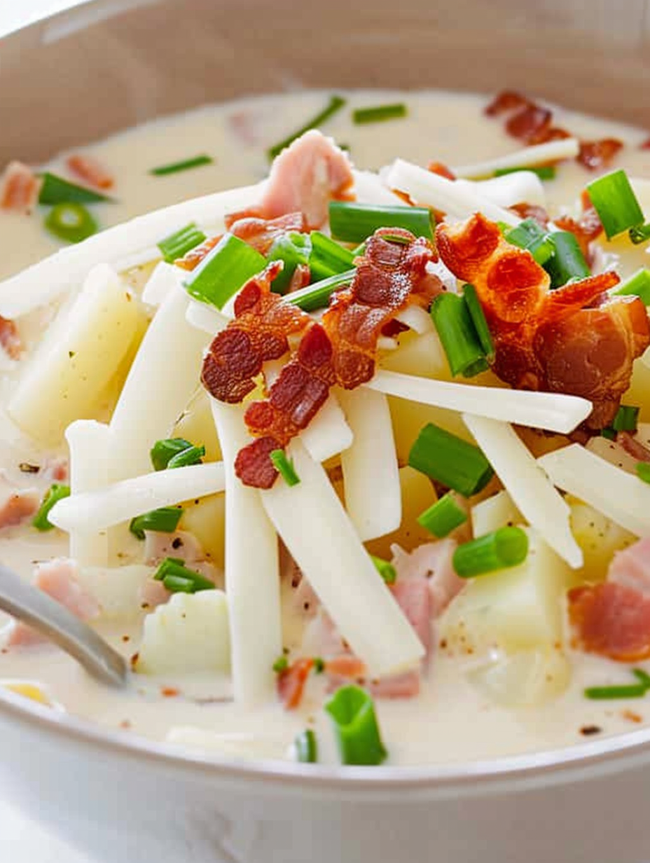 Slow cooker filled with potato soup ingredients