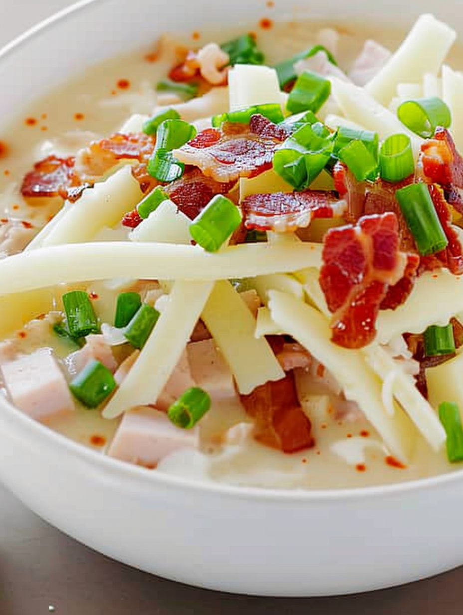 Bowl of loaded potato soup topped with bacon and chives