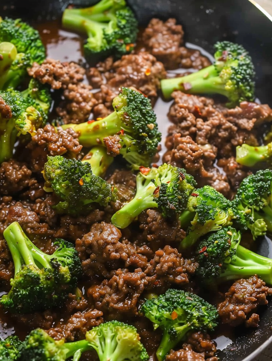 Ground beef and broccoli in skillet