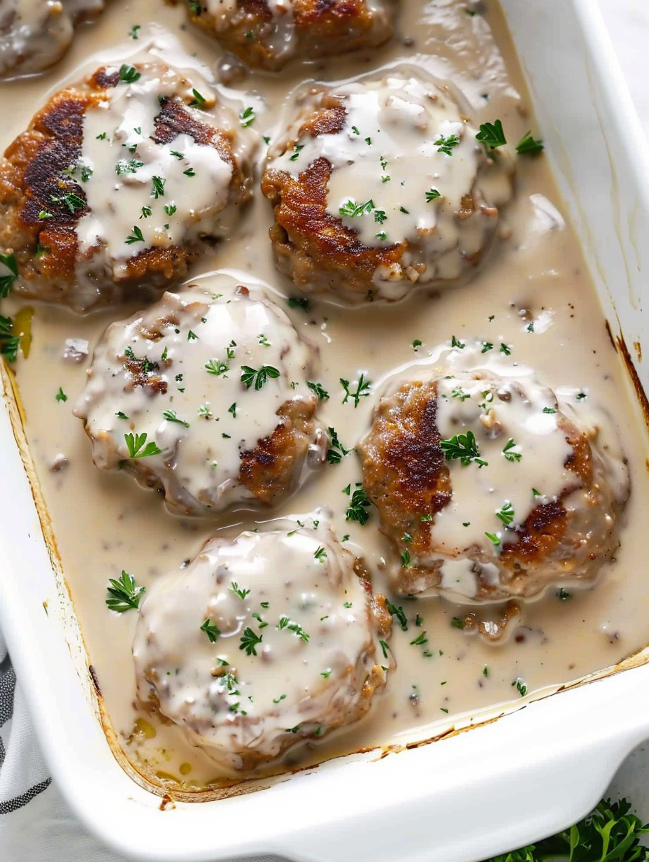 Seared hamburger patties in a baking dish ready for sauce