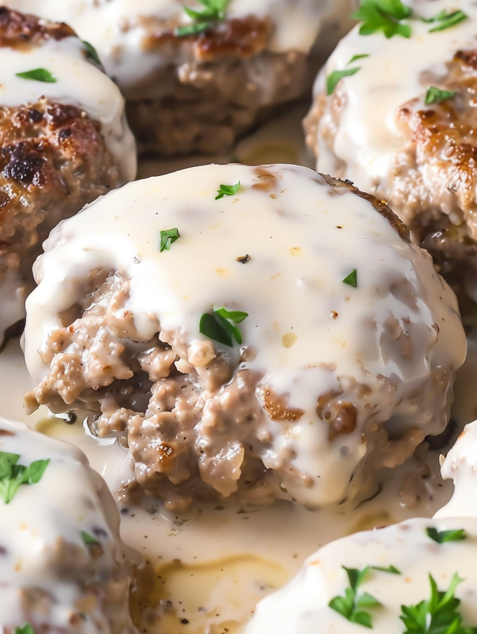 Creamy mushroom sauce poured over browned patties