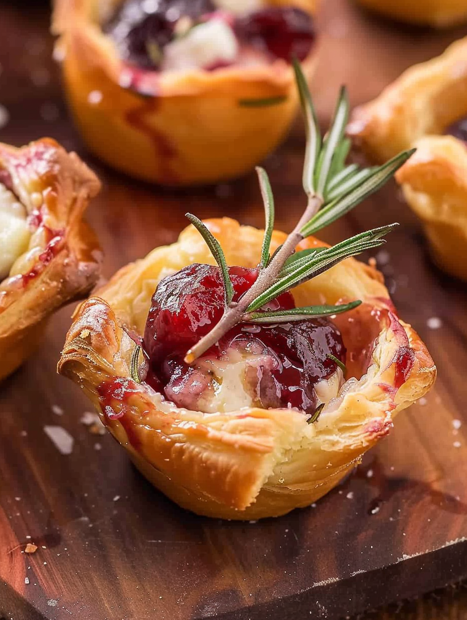 Close-up of a baked cranberry brie bite garnished with rosemary