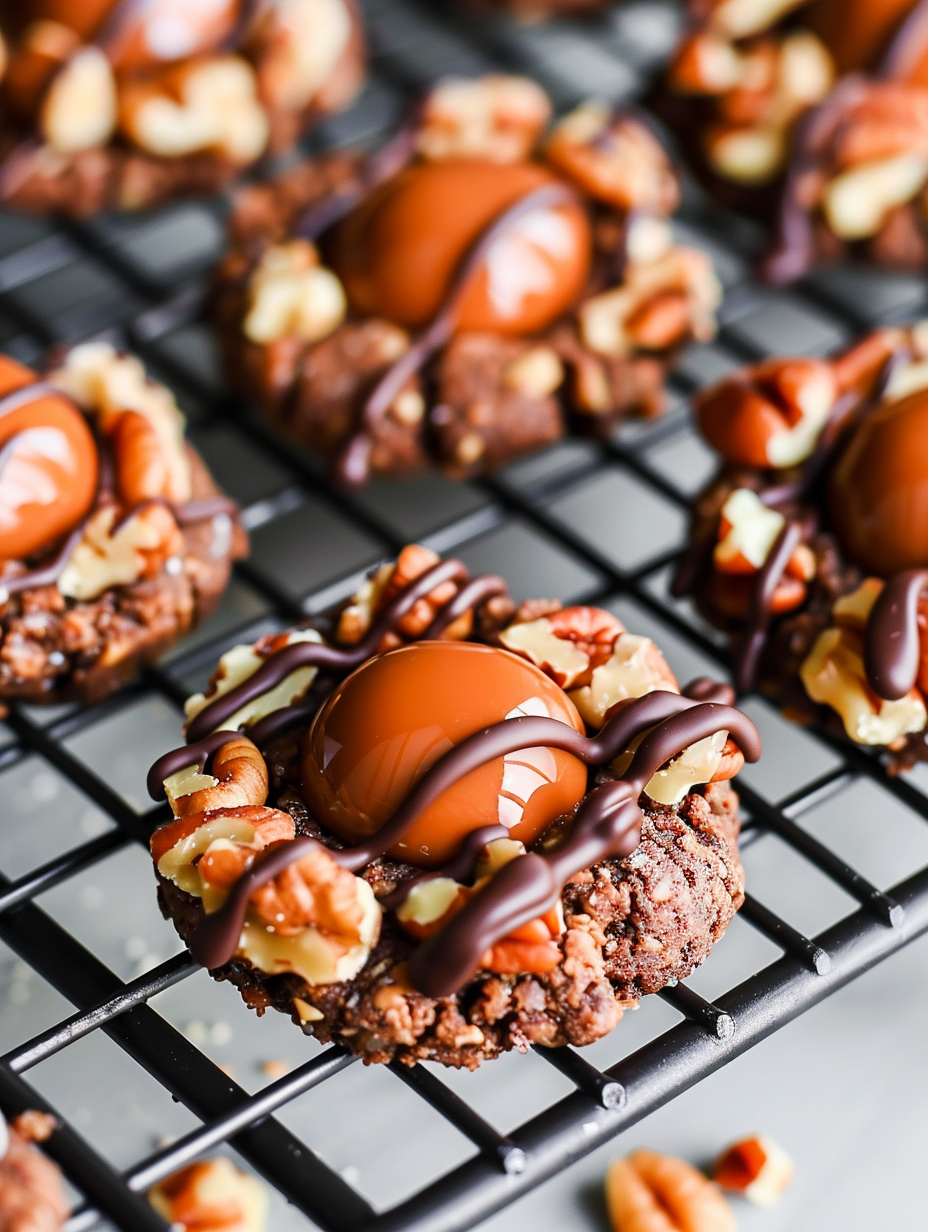 Close-up of caramel filled cookie with pecan crust
