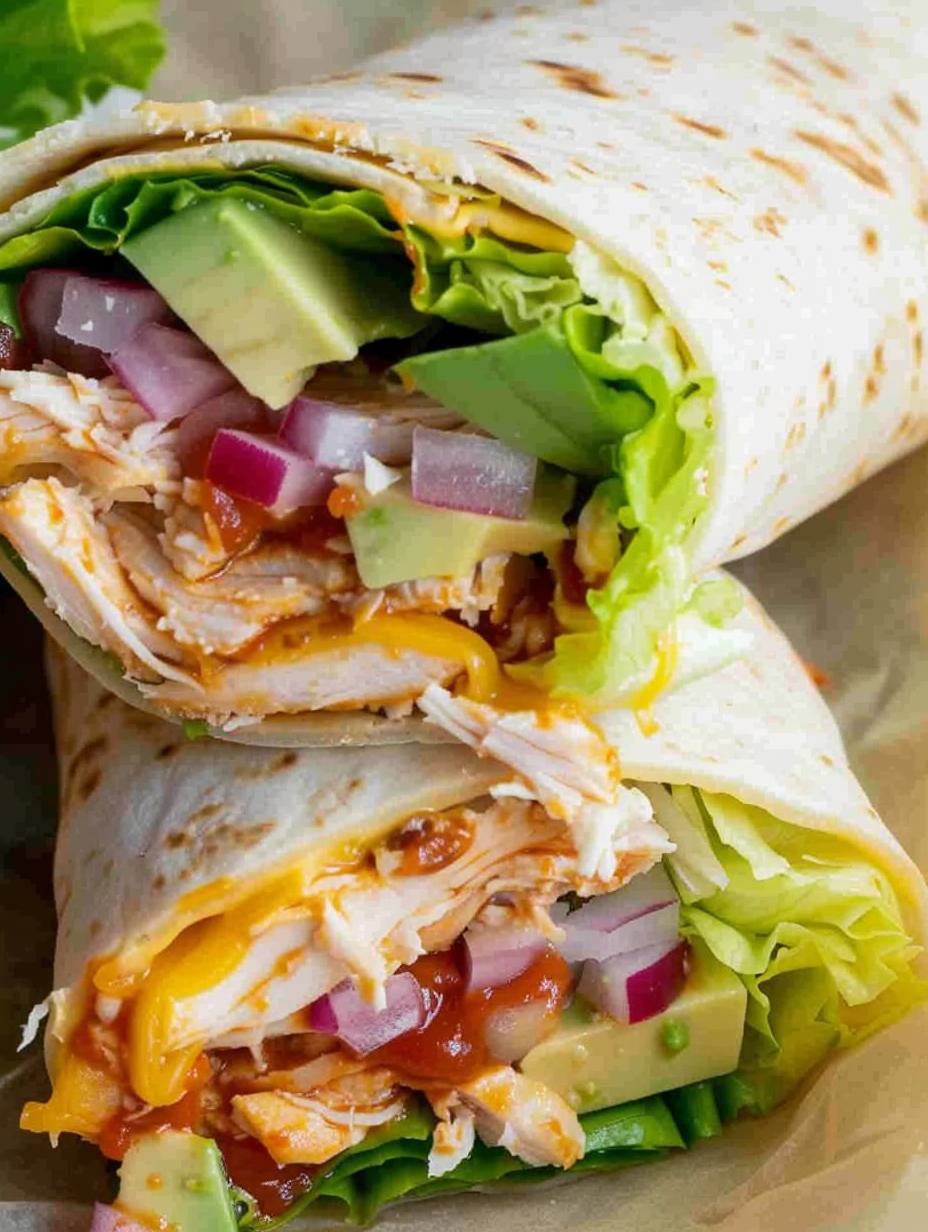 BBQ chicken wrap sliced in half showing colorful filling