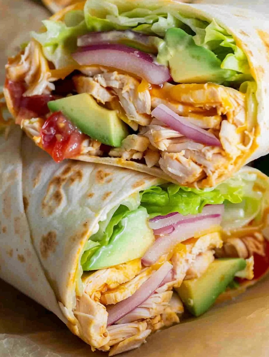 Close up of filling ingredients for BBQ chicken wrap