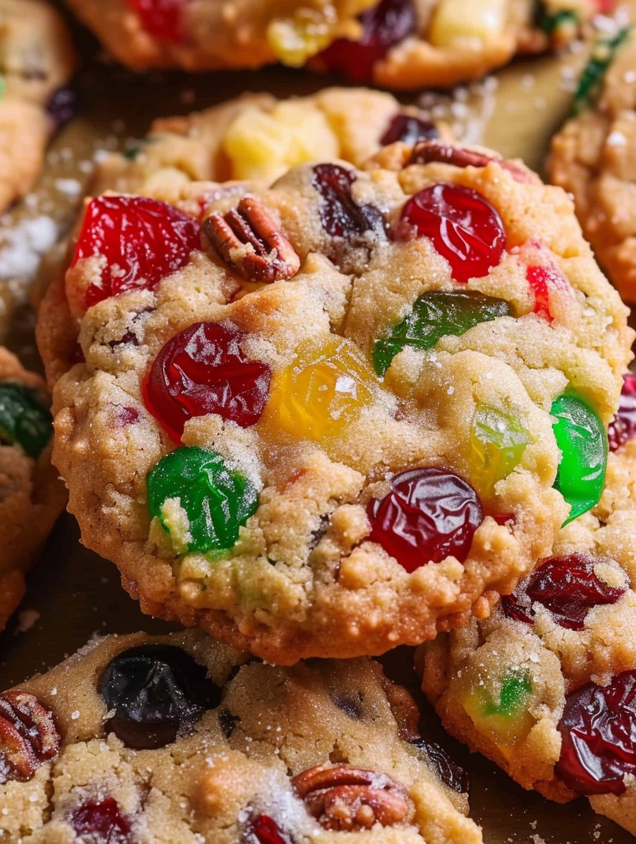 Tray of Christmas fruitcake cookies with candied cherries and pineapple