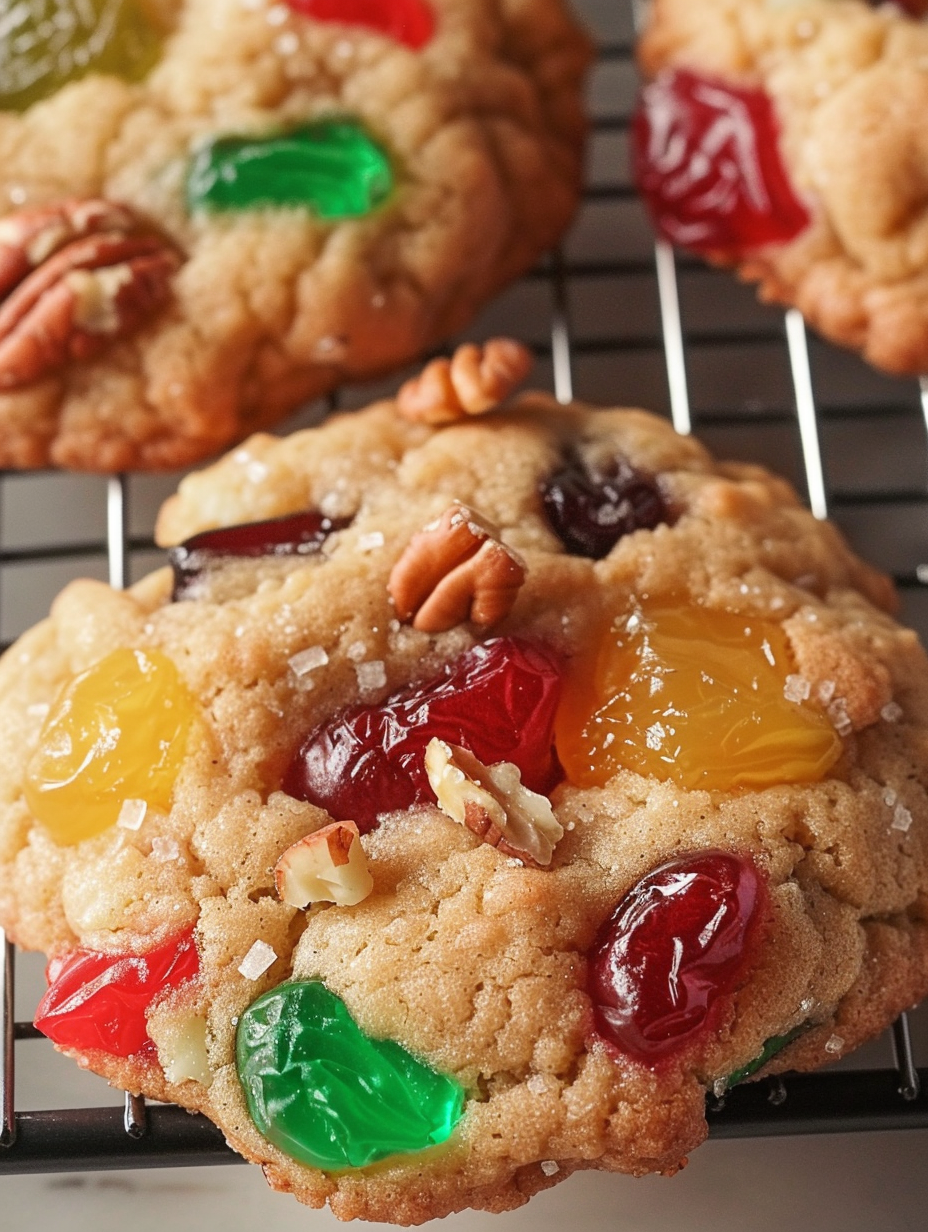 Close-up of a single fruitcake cookie showing candied fruit and pecans