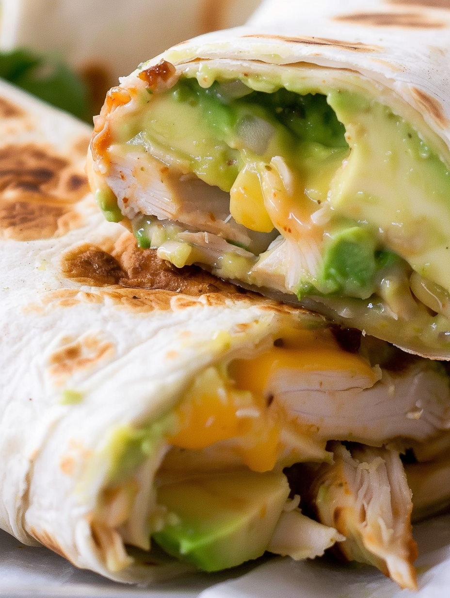 Baked avocado chicken burritos on a baking sheet