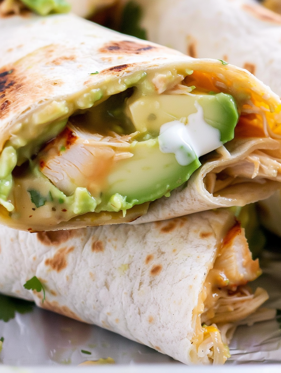 Sliced baked avocado chicken burrito with garnish