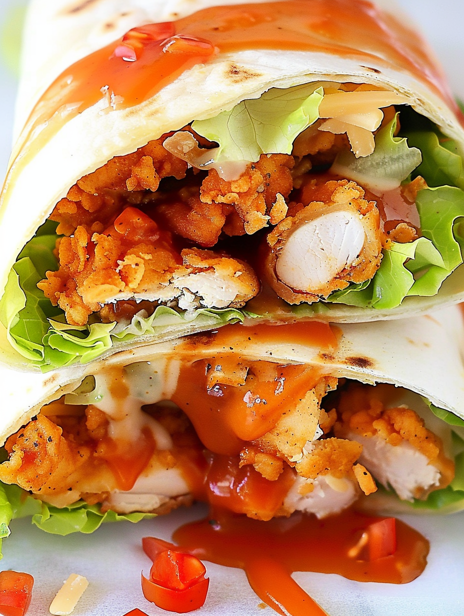 Assembled sticky chicken finger wraps displayed on a board