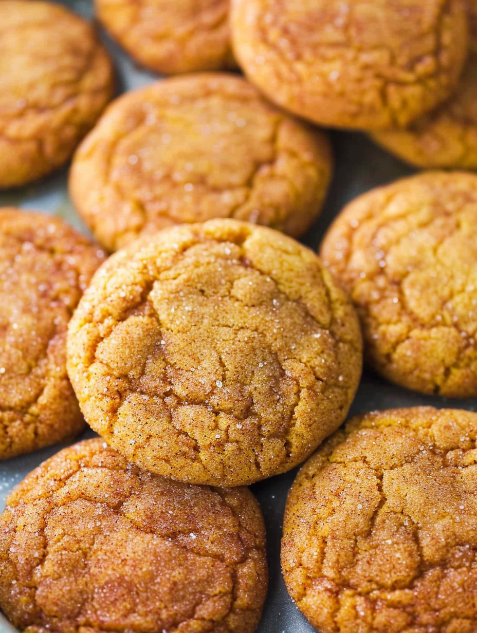 Tray of pumpkin snickerdoodle cookies fresh from the oven