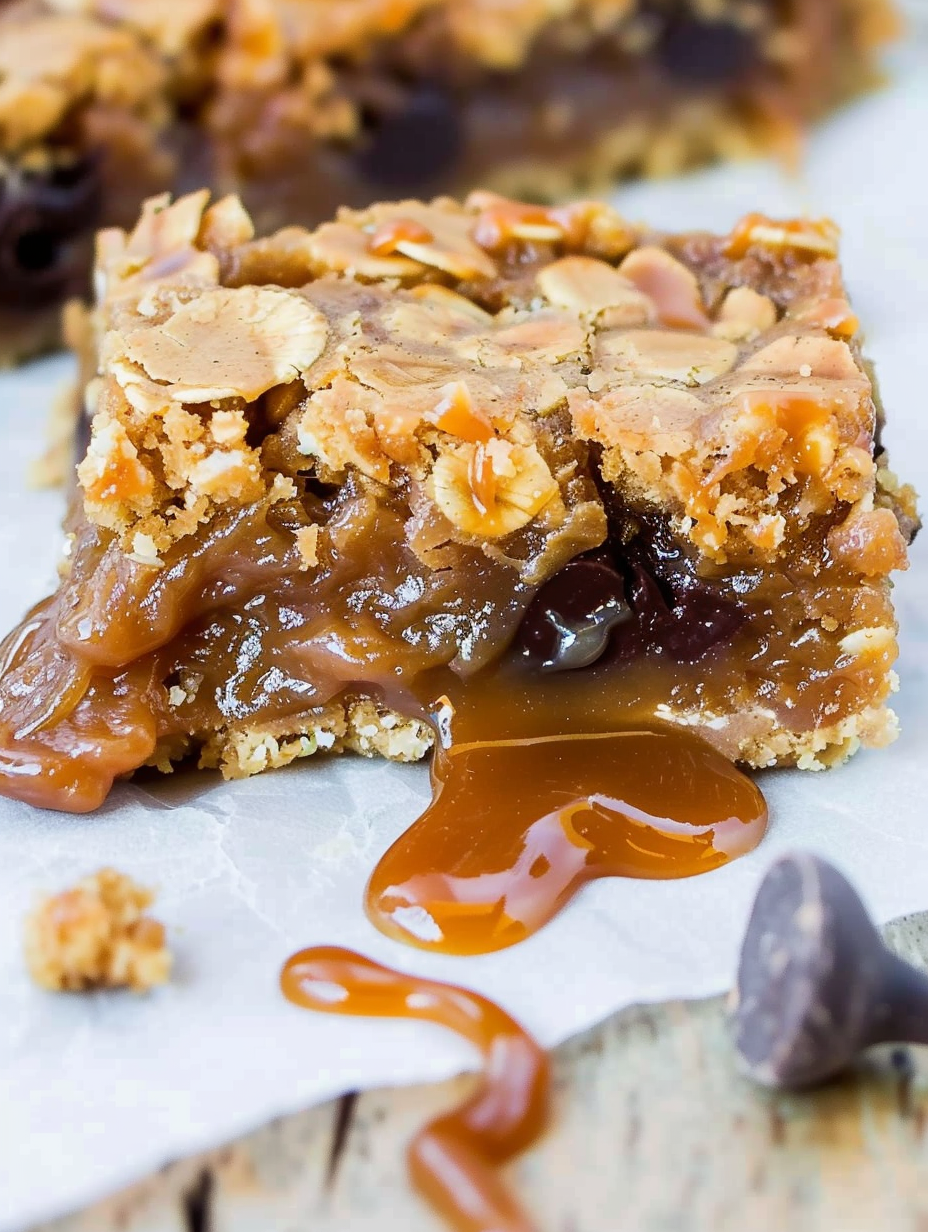 A close-up of the caramel and chocolate layers in a bar