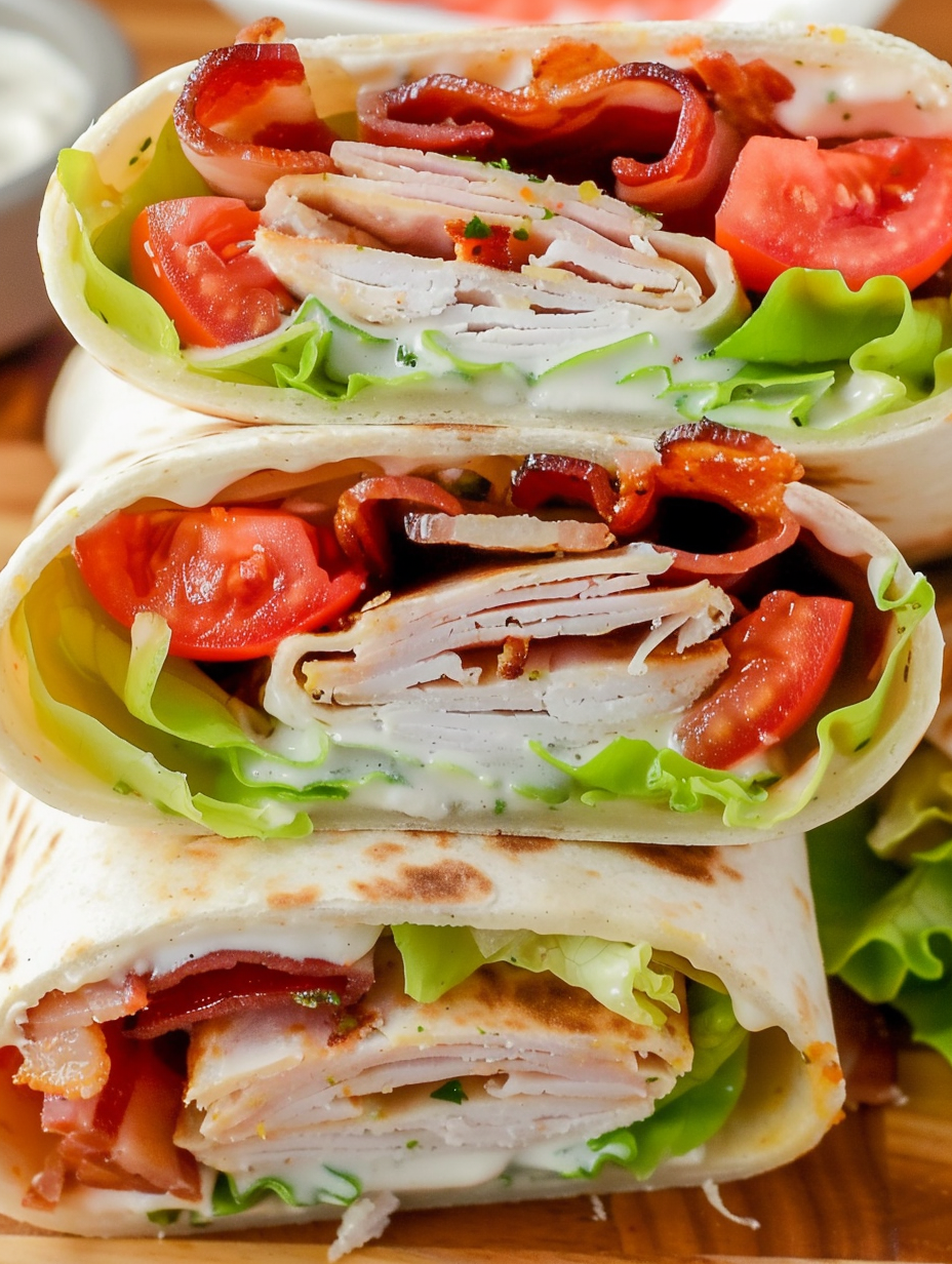 Two Ranch BLT Wraps halved showing layers