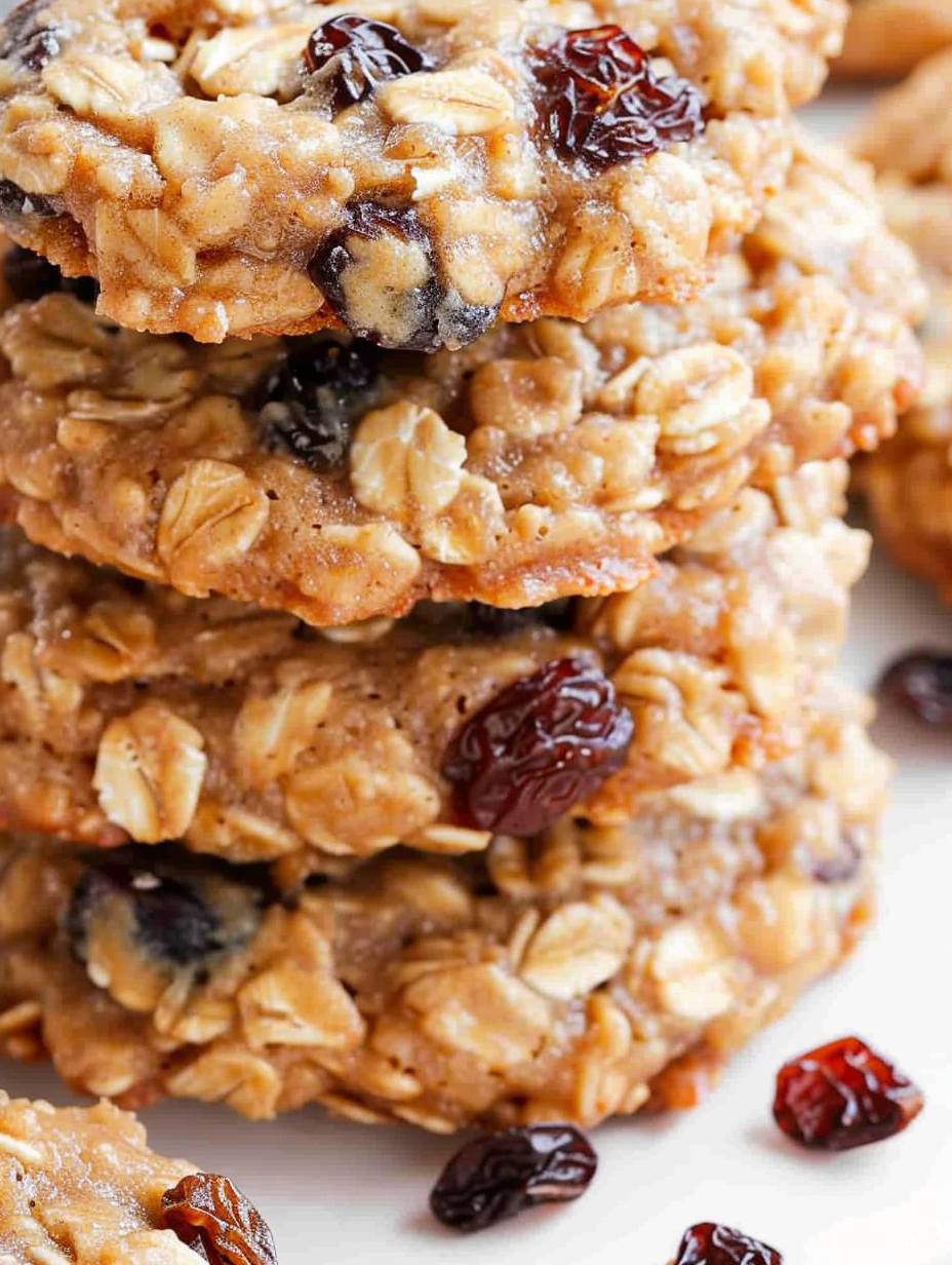 Close-up of a soft oatmeal cookie with raisins