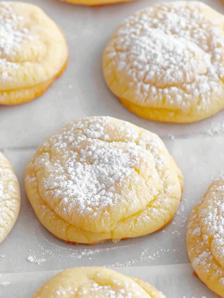 Close up of a powdered sugar dusted cream cheese cookie