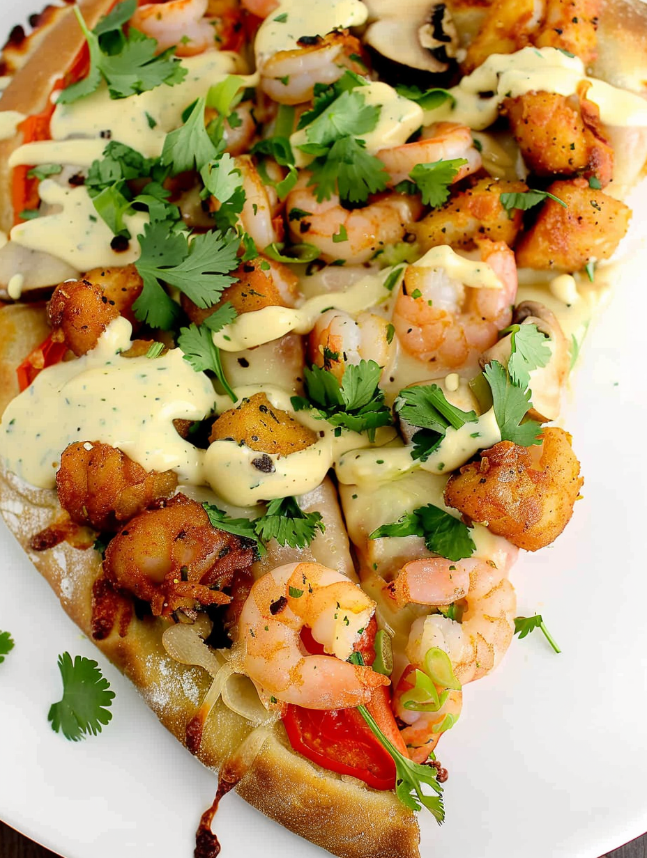 Shrimp Po' Boy Pizza on a pizza stone