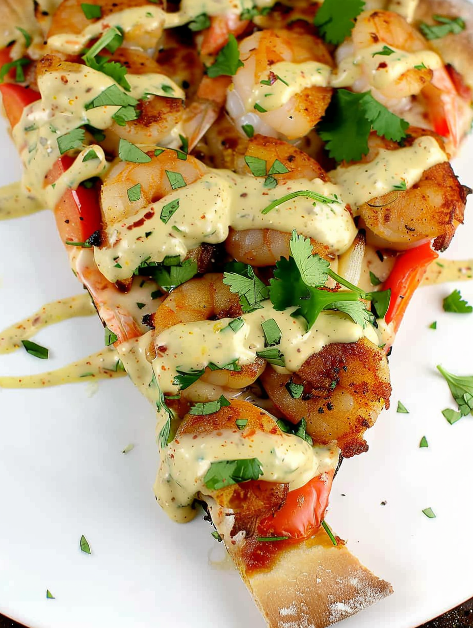 Close up of remoulade drizzle on pizza