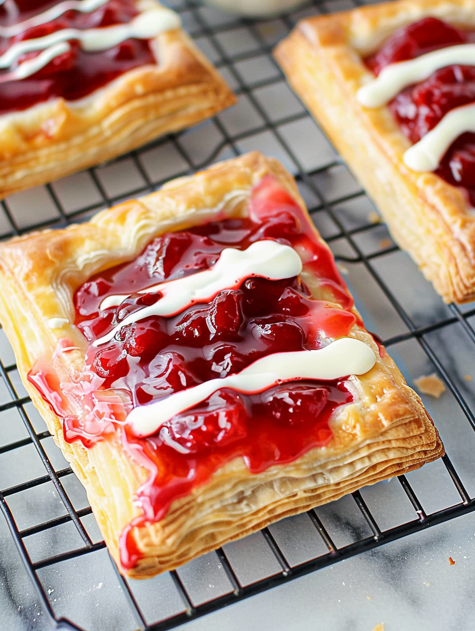 Freshly baked cherry danish on a wire rack