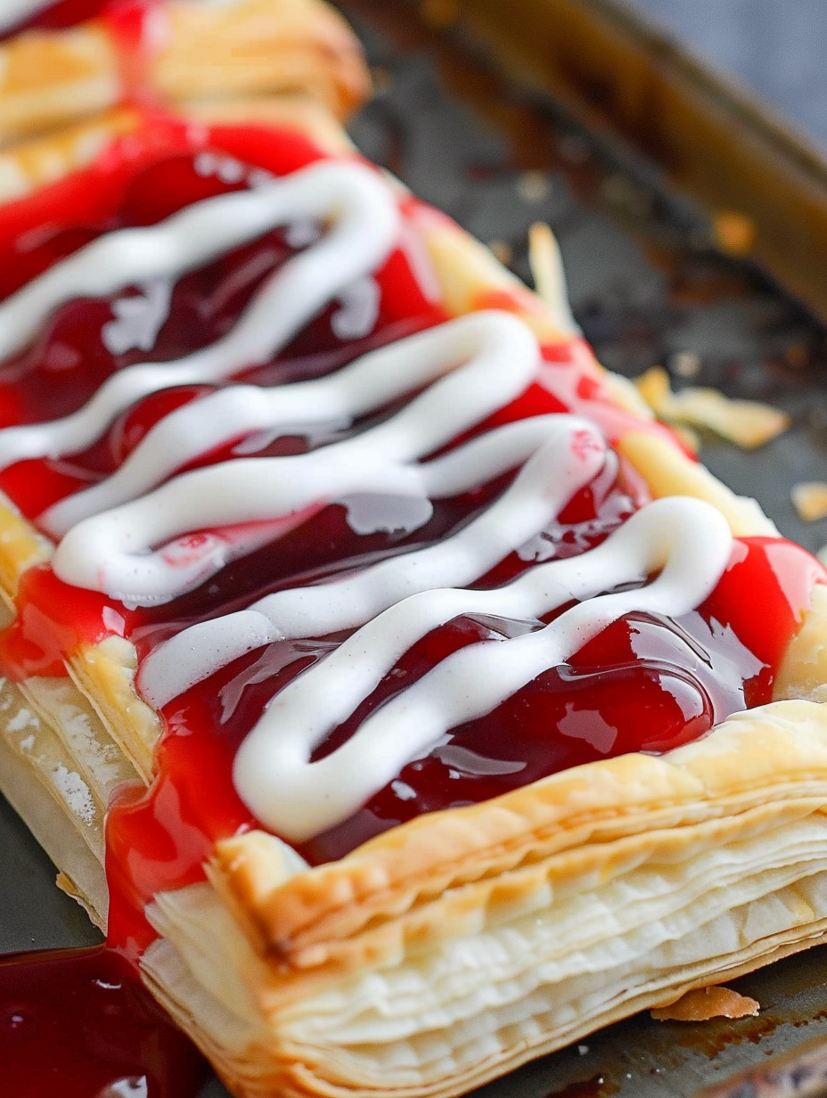 Cherry danish being drizzled with glaze