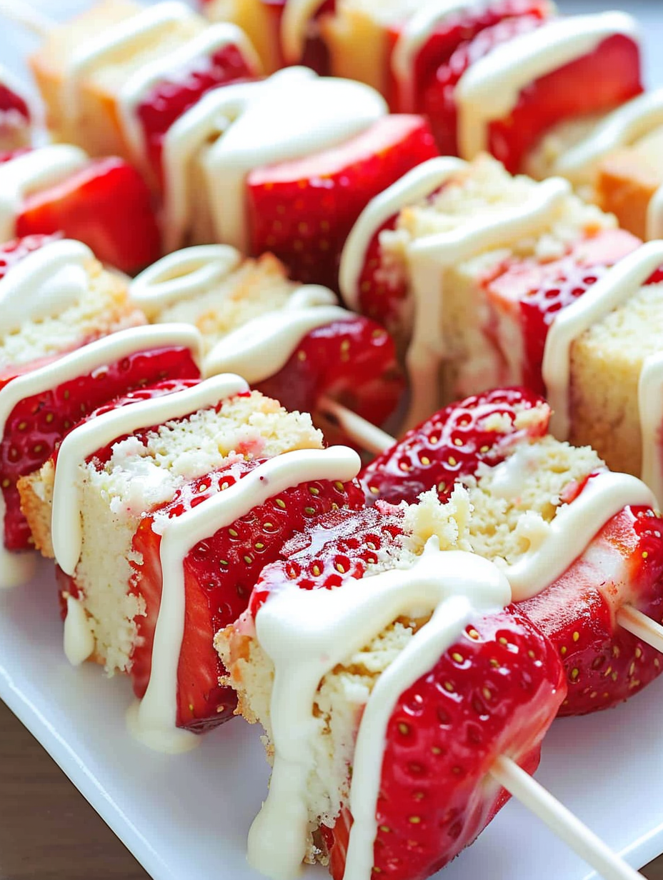 Strawberry shortcake kabobs being assembled on skewers