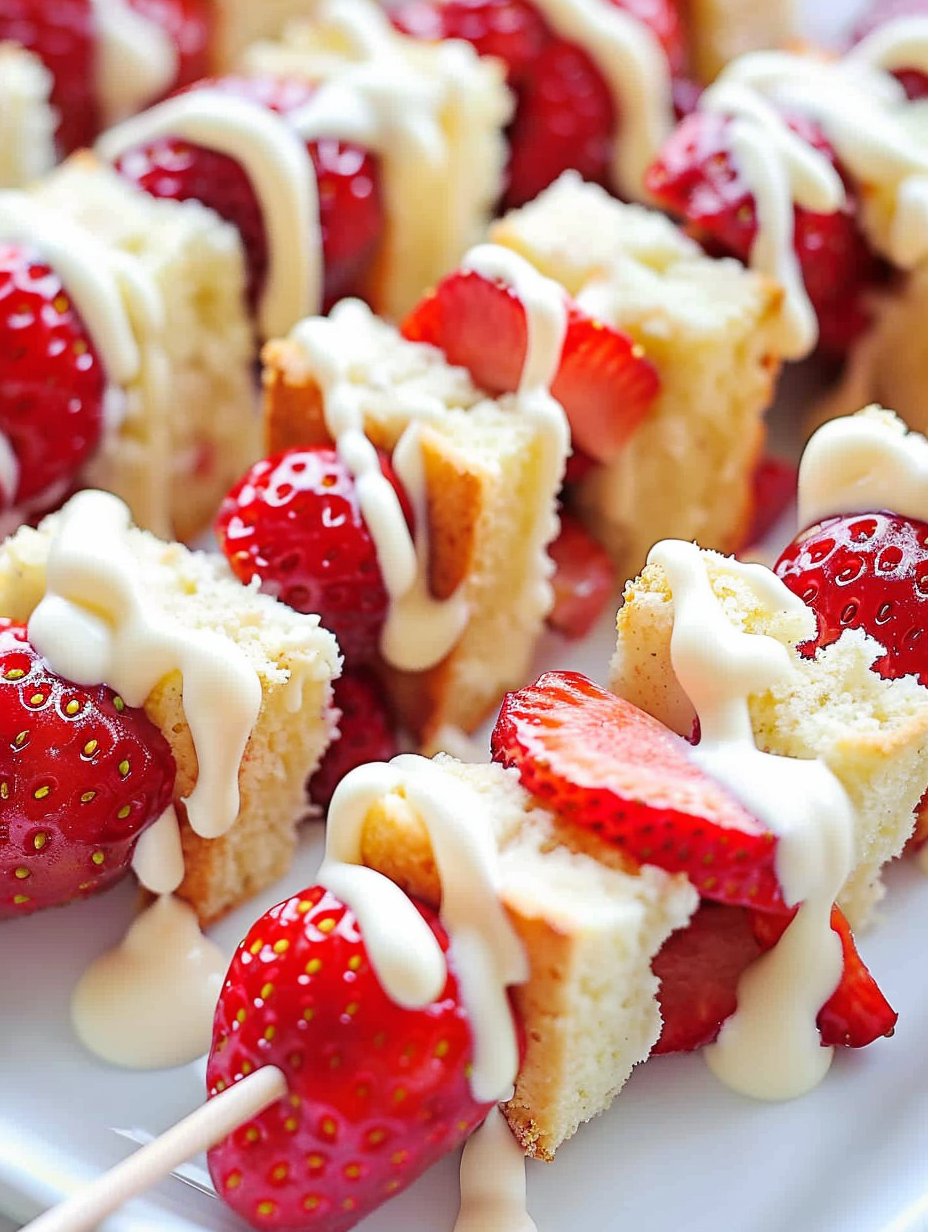 Close-up of strawberry shortcake kabobs on a serving platter