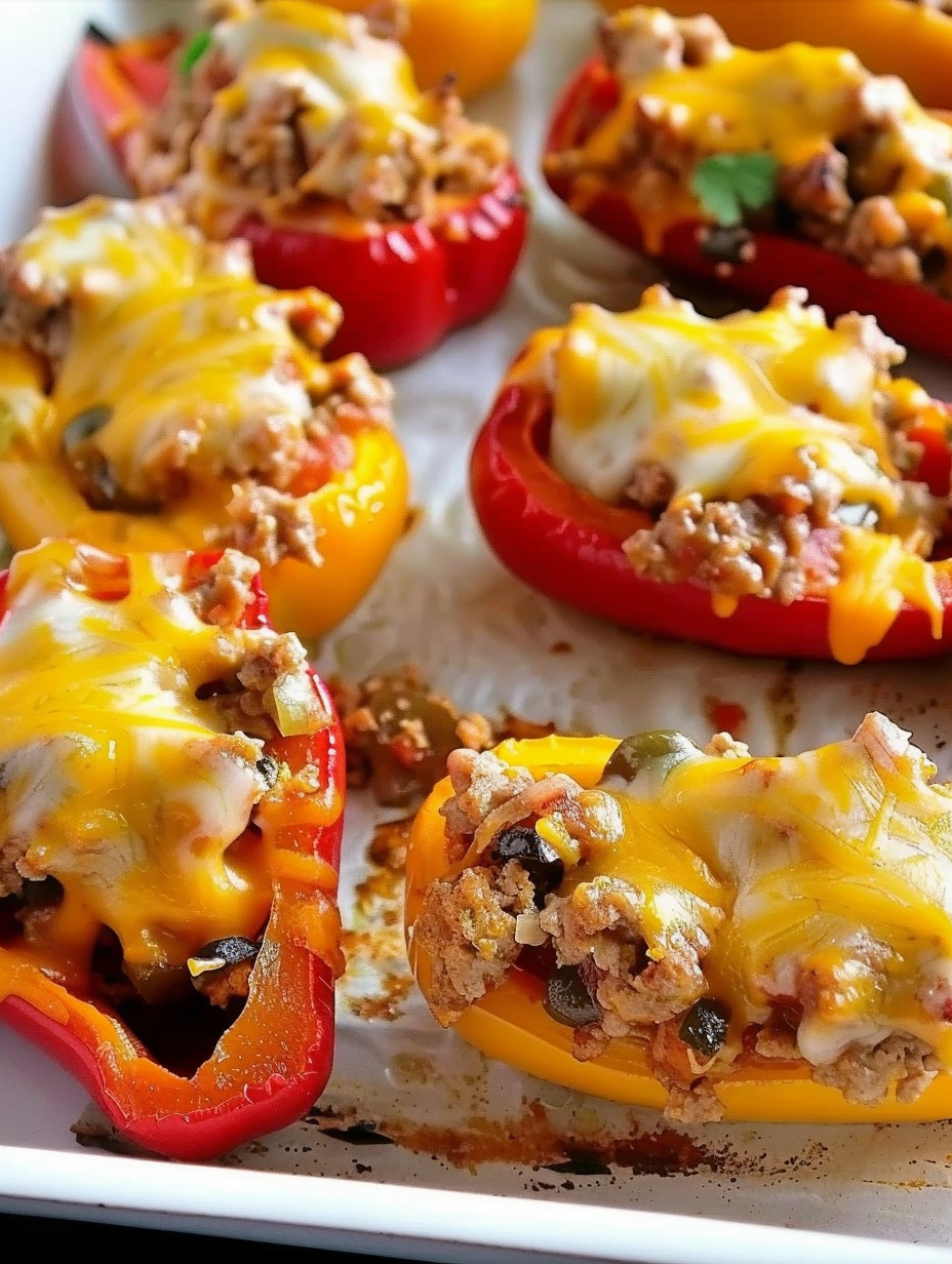 Skinny bell pepper nacho boats on a baking sheet, melted cheese topping