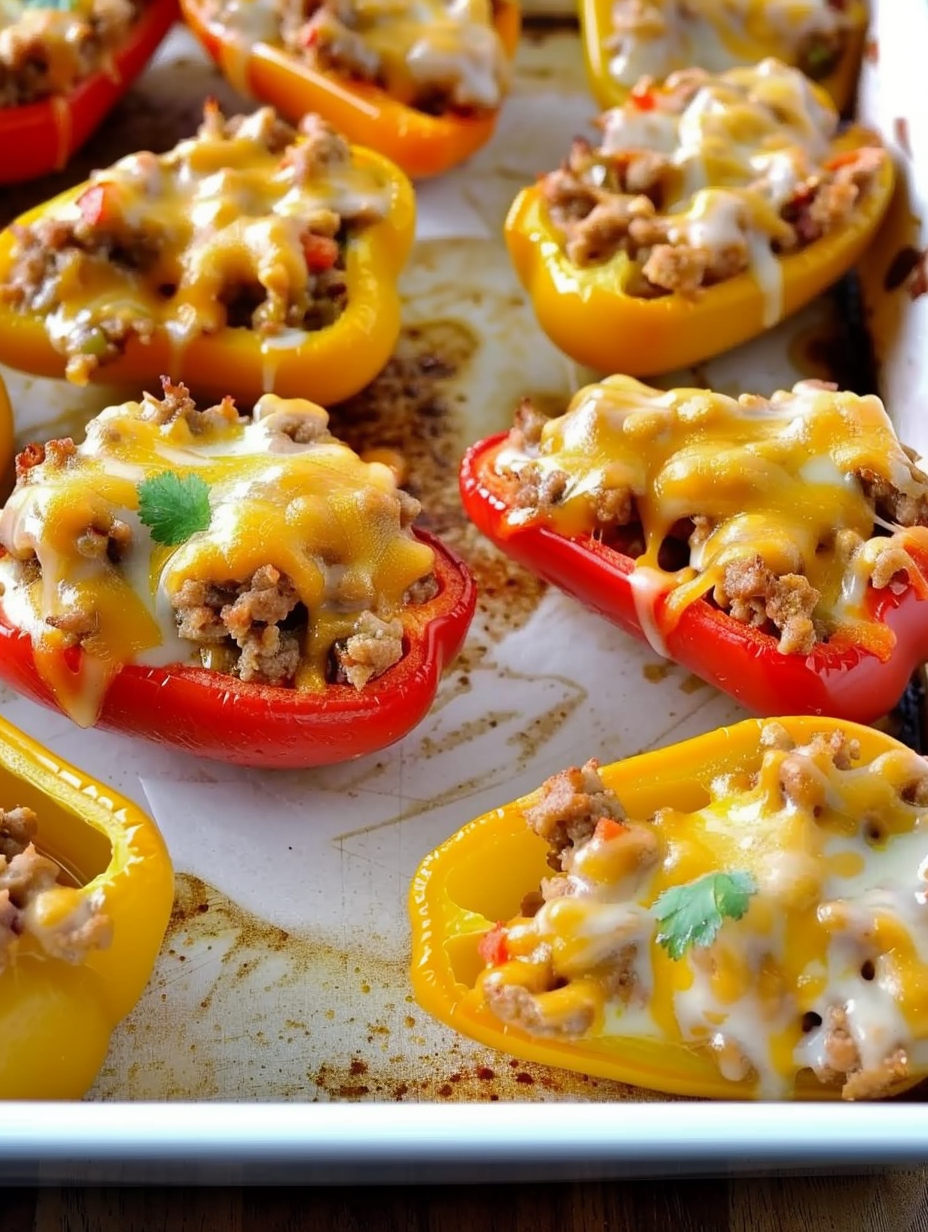Close-up of turkey and cheese stuffed pepper boats garnished with green onions