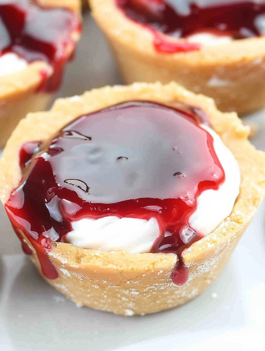 Close up of cherry topping on cheesecake cup