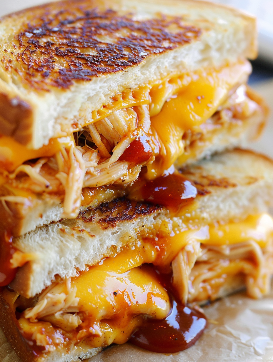 BBQ chicken grilled cheese on a griddle