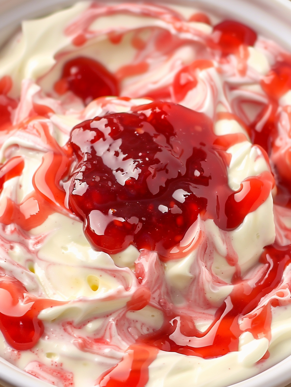 Strawberry cheesecake dip topped with jam and graham crackers