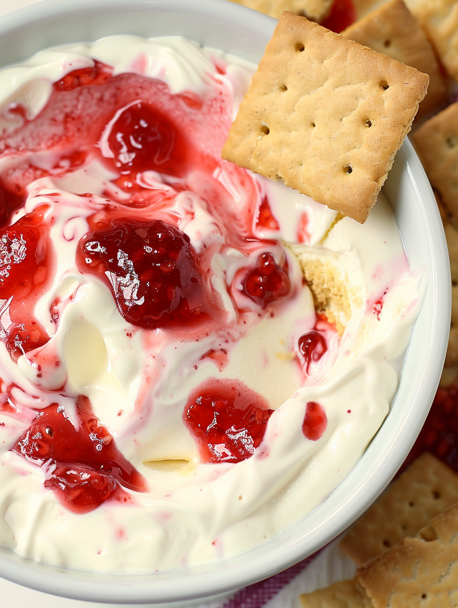 Close up of creamy strawberry cheesecake dip with graham crackers