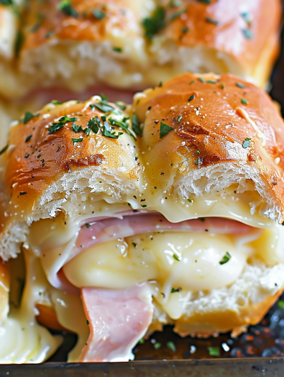 Finished Chicken Cordon Bleu Sliders on tray with melted Swiss